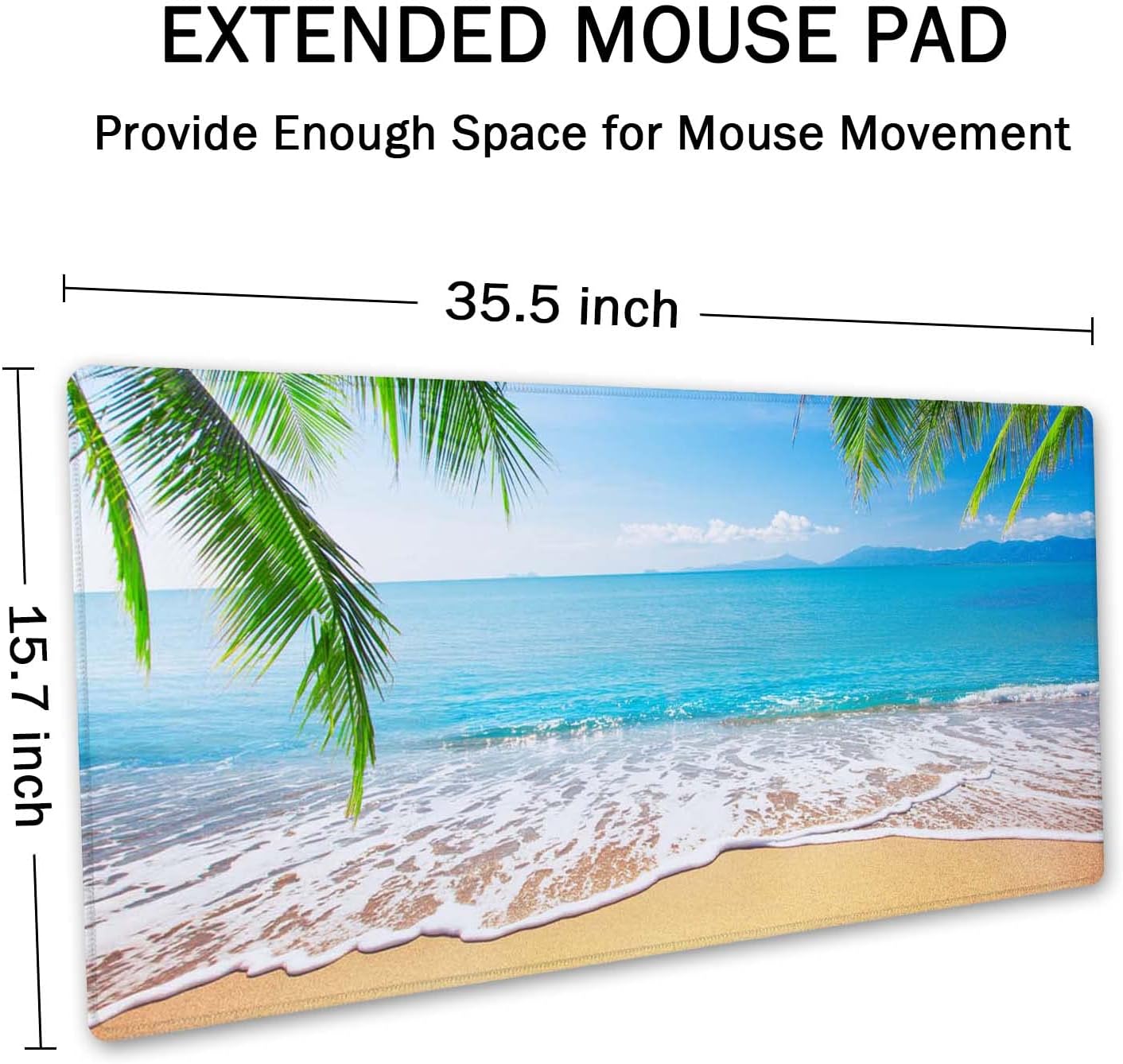 Gaming Mouse Pad, Extended Mouse Pad, 35.4x15.7inch XXL Large Big Computer Keyboard Mouse Mat Desk Pad with Non-Slip Base and Stitched Edge for Home Office Gaming Work, Tropical Palm Tree Beach