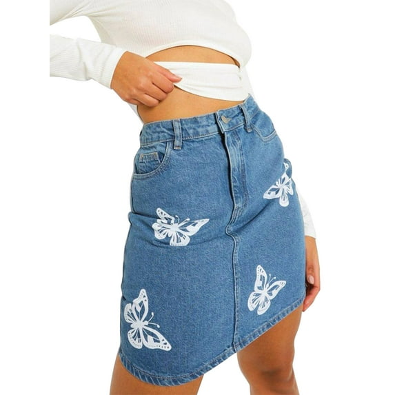 Seyurigaoka Women Casual Denim Skirt Butterfly Print Zipper Skirt with Pockets
