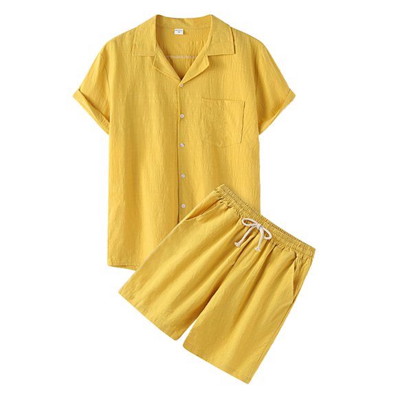 Havenx Mens 2 Piece Short Sets Cotton Linen Short Sleeve Button Down Shirts Shorts Collared Drawstring Outfits Summer Beach Lightweight Athletic Breathable Outfits Tracksuit,Yellow S