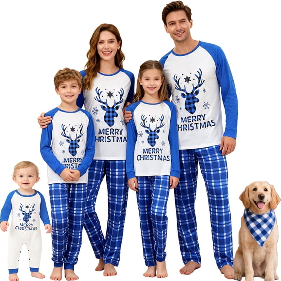 Family Matching Christmas Pajama Set Reindeer Tops Plaid Pants Sleepwear Outfits