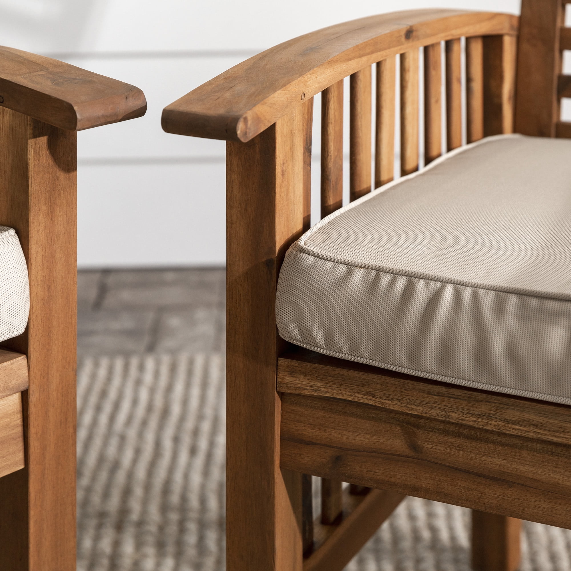 Walker Edison Outdoor Dining Chair - Acacia Wood - Set of 2 - Cushioned - Beige and Brown