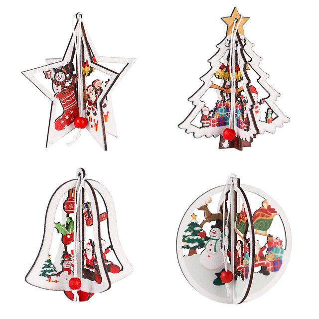 Black Adornos navideños 3d, colgantes de madera para colgar en el árbol de Navidad, decoración de estrella y campana, 4 Uds.