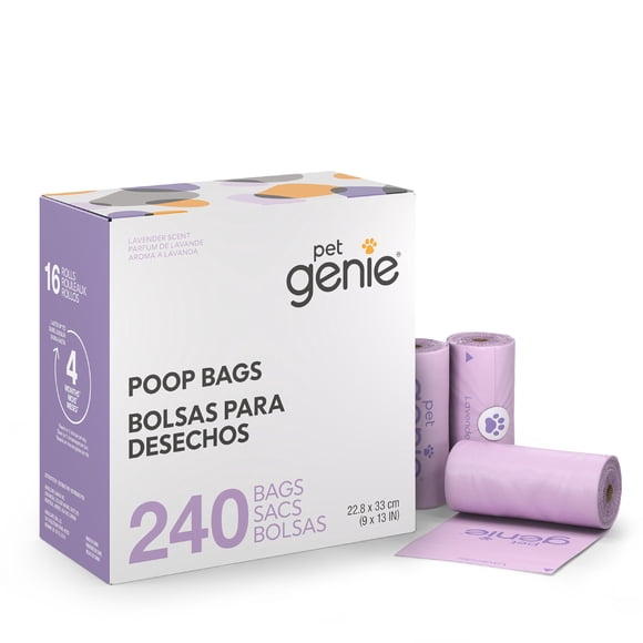 Pet Genie On The Go Dog Poop Bags - 16 Rolls (240 Count) | Reliable Strength & Leak-Proof | Lavender Scent | 65% Recycled Plastic