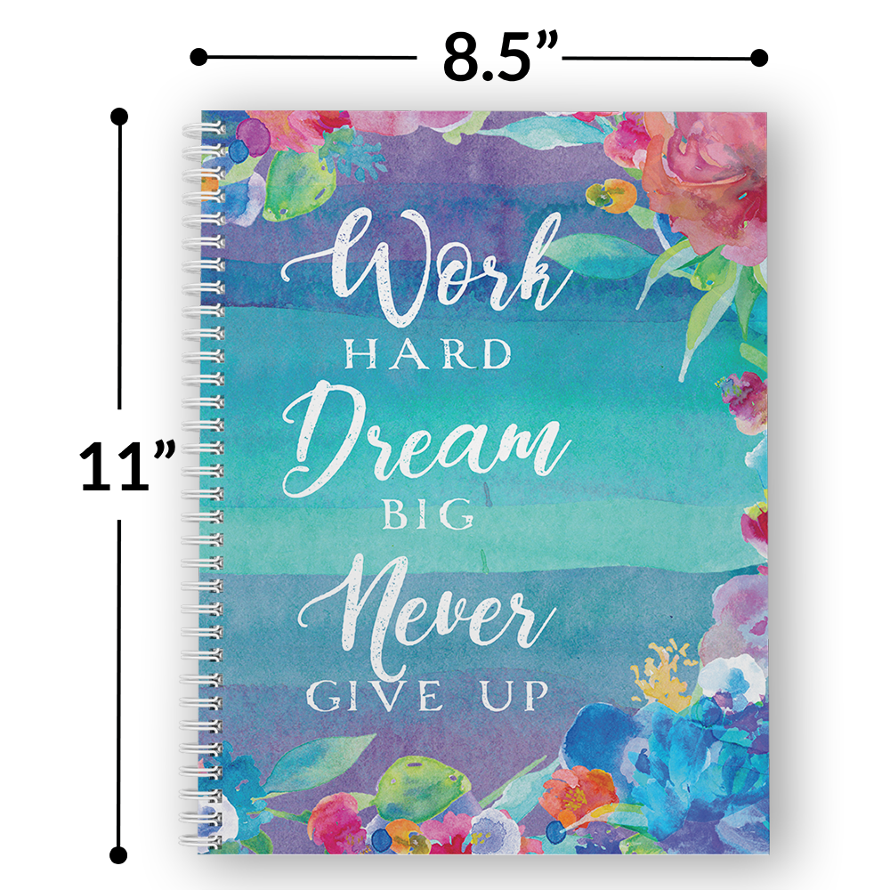 Softcover Work Hard 8.5 x 11 Motivational Spiral Notebook/Journal, 120  College Ruled Pages, Durable Gloss Laminated Cover, White Wire-o Spiral.  Made