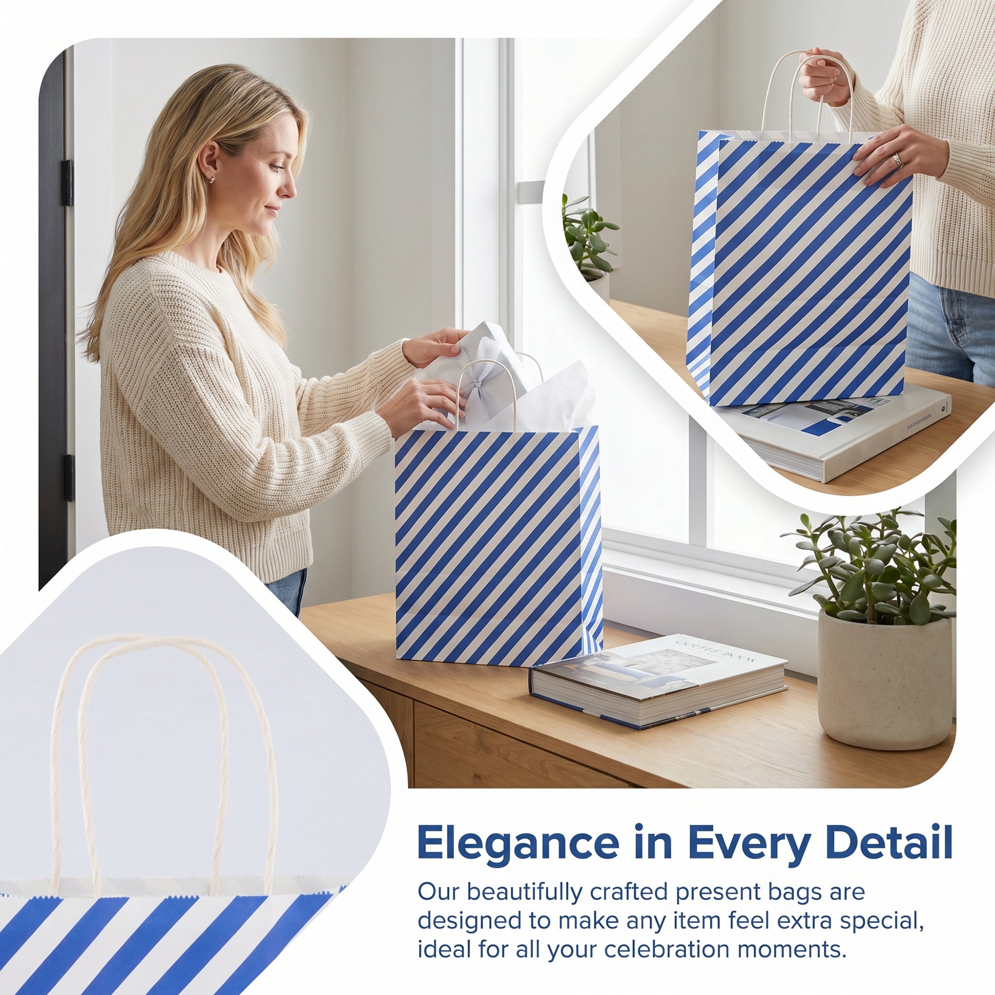 Unique Bargains 6Pcs Diagonal-stripe Gift Bag with Handles Royal Blue 8.7" x 4.3" x 10.6"