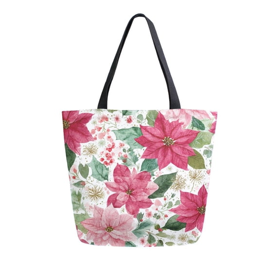 Open Top Canvas Tote Bag with Zipper Reusable Shopping Bag 13.5x15" Roomy Carryall Red Flowers and Leaves