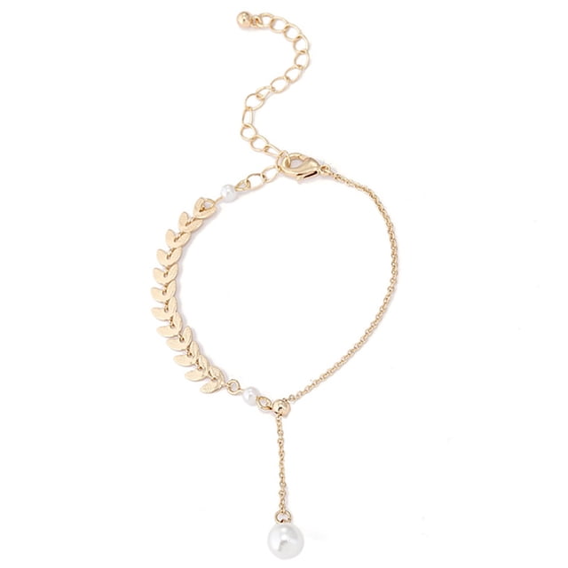 Bracelet Pendant Ajustable en Faux Perle avec Lien en Forme de Feuille