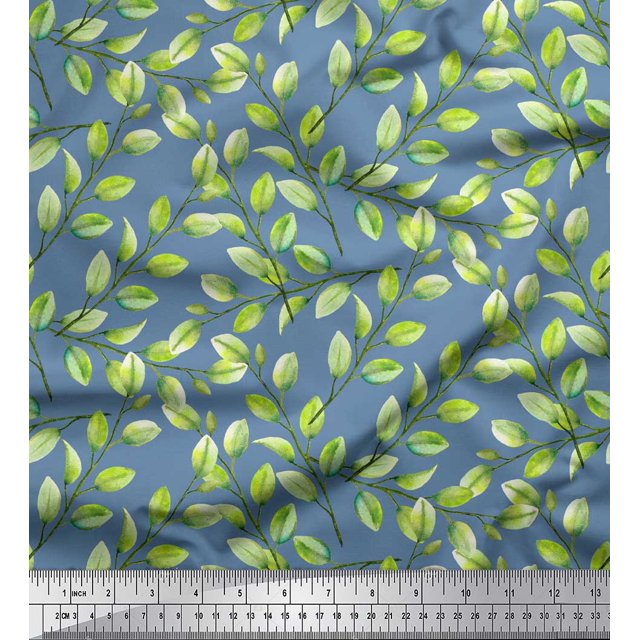 Soimoi Blue polyester Crepe Fabric Leaf Leaves Print Fabric by Yard 42 Inch Wide