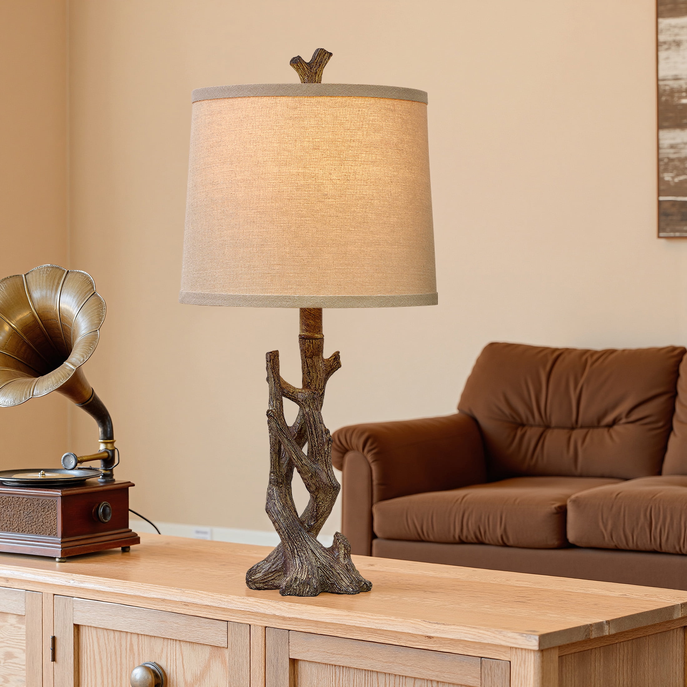 Yokila 23" Wood Grain Rustic Table Lamp Set of 2 for Living Room Bedroom Farmhouse Tree Trunk Bedside Nightstand Lamps with Lamp Shade