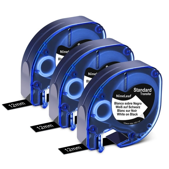 NineLeaf 3PK Compatible for DYMO LetraTag Refills 913318 12mm 1/2" White on Black Plastic Label Maker Tape