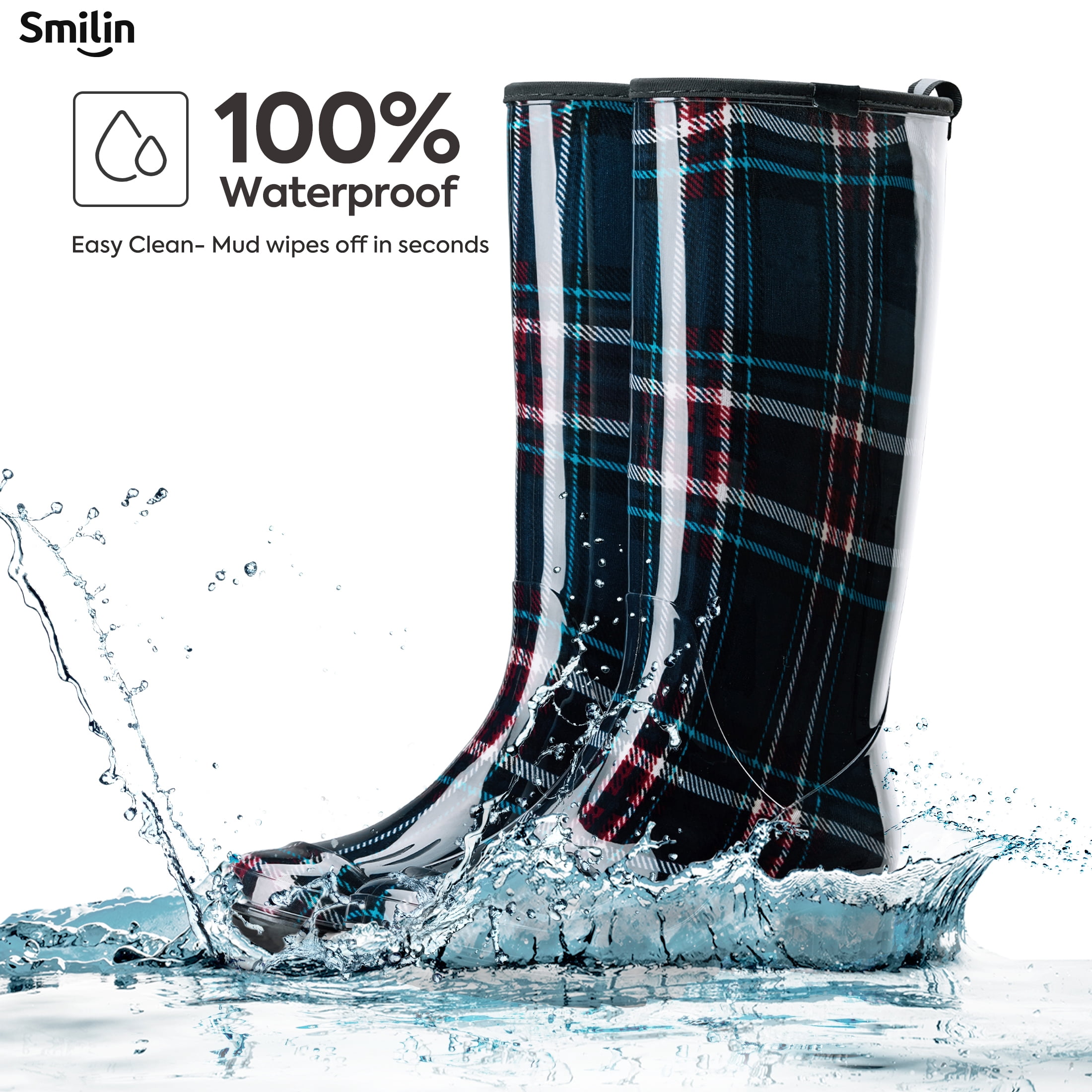 SMILIN Colorful Rain Boots for Women,Mid-Calf Waterproof Anti-Slip Slim Calf Garden Shoes,Blue Plaid,US Size 6