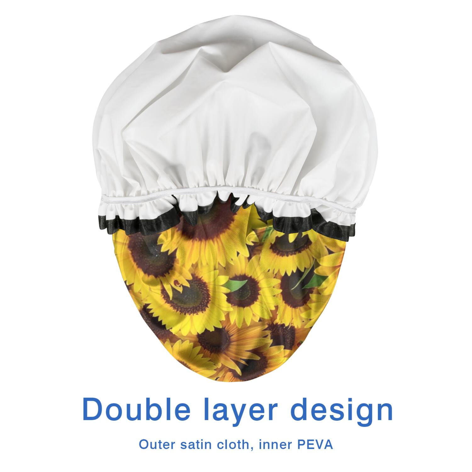 Shower Caps,Green Leaf Sunflower Pattern Waterproof Shower Cap for Women 4 Pieces,Double Reusable Hair Cover for Shower PEVA Elastic Stretch Hem