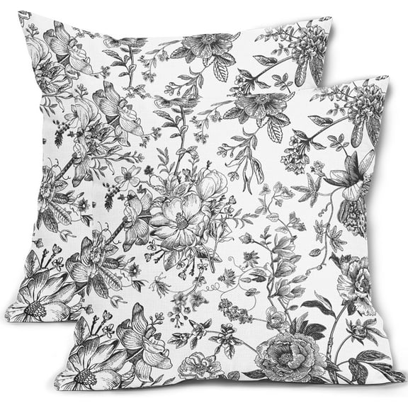 Black & White Outdoor Pillow Covers 16x16 Inch Set of 2 Black Floral Throw Pillow Covers Decorative Vintage Flower Pillowscase Cotton Linen Square Cushion Covers Sofa Couch Bedroom Party Home