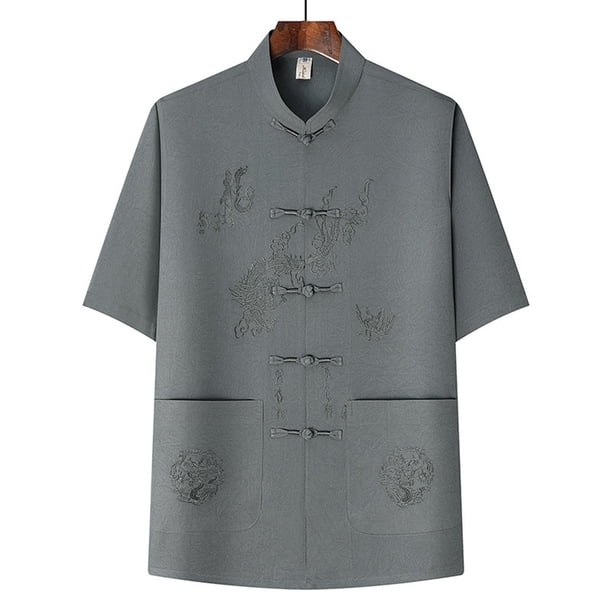 pstuiky Camisas de manga corta para hombre, Camisa informal de manga corta, cuello alto, lisa y cómoda para hombre ropa de hombre l
