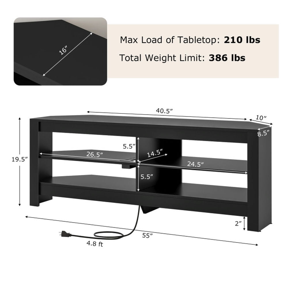 Finihen TV Stand, Entertainment Center, Corner TV Stand with Power Outlet and 4 Open Storage Shelves, for Living Room, Black