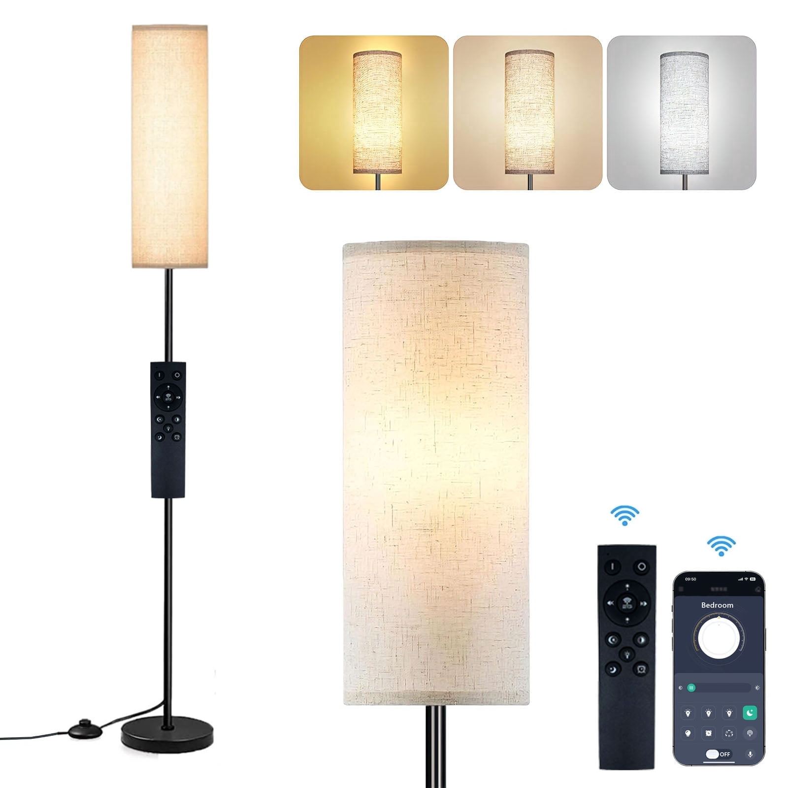 Kisportee 67" Floor Lamps for Living Room, 3000K-6500K, Modern Dimmable Standing Tall Lamp with Remote & 3 Color, LED Bulb Included, Beige