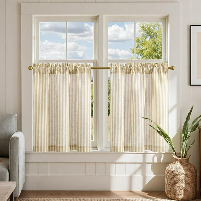 Striped Linen Kitchen Curtains 24 Inches Length Tier Curtains Farmhouse Modern Cafe Style Small Window Treatments Airy Light Filtering Rod Pocket for Living Room Bathroom 2 Panels Beige
