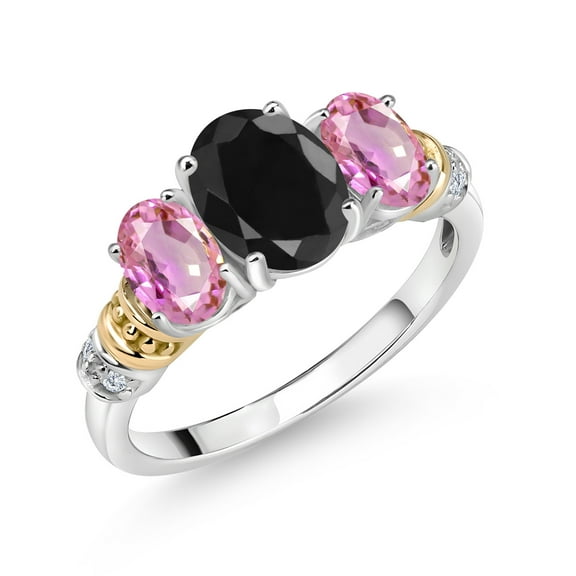 Gem Stone King 925 Sterling Silver and 10K Yellow Gold Oval Black Sapphire Pink Sapphire and White Diamond 3 Stone Ring for Women (2.89 Cttw, Gemstone September Birthstone, Size 8)