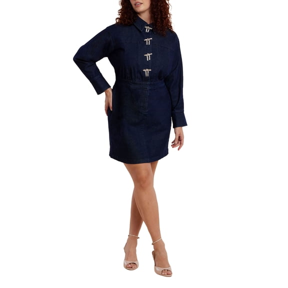 ELOQUII Women's Plus Size Denim Mini Dress With Rhinestone Bows