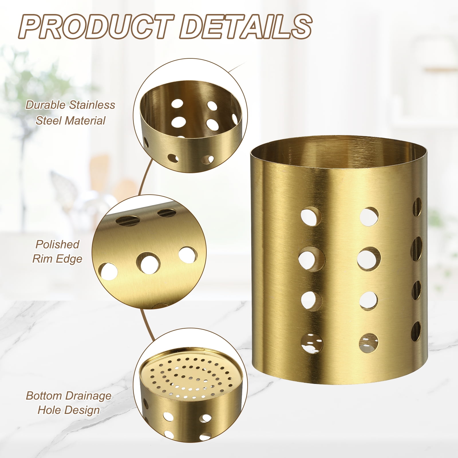 Uxcell Kitchen Utensil Holder, 3.9x5.5" Stainless Steel Utensil Cutlery Holder Round Flatware Organizer with Drain Hole for Kitchen Restaurant Countertop Straw, Spoon, Chopstick, Silver