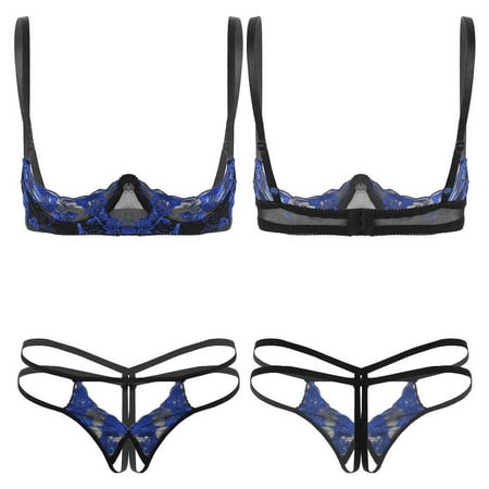 Aiihoo Women s Embroidery Lace Lingerie Set Spaghetti Straps Exposed Breasts Bra Top with G-string Briefs Blue One Size