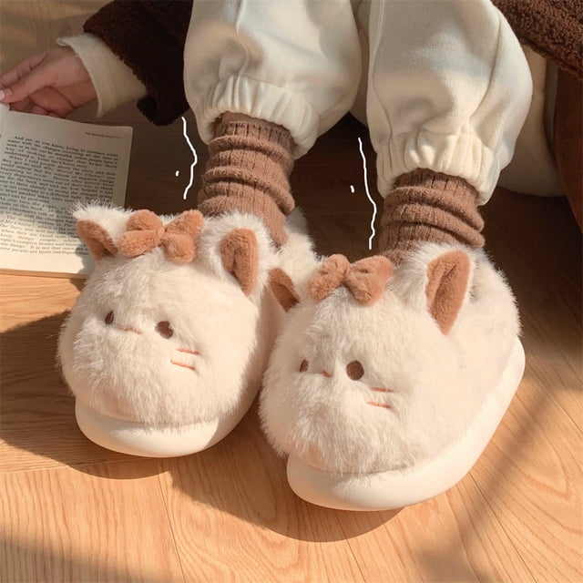 Pantuflas de gato de dibujos animados lindas, pantuflas de piel mullida para mujer, zapatos para el hogar con suela gruesa, cómodas pantuflas de animales para invierno kawaii de 24,5 cm
