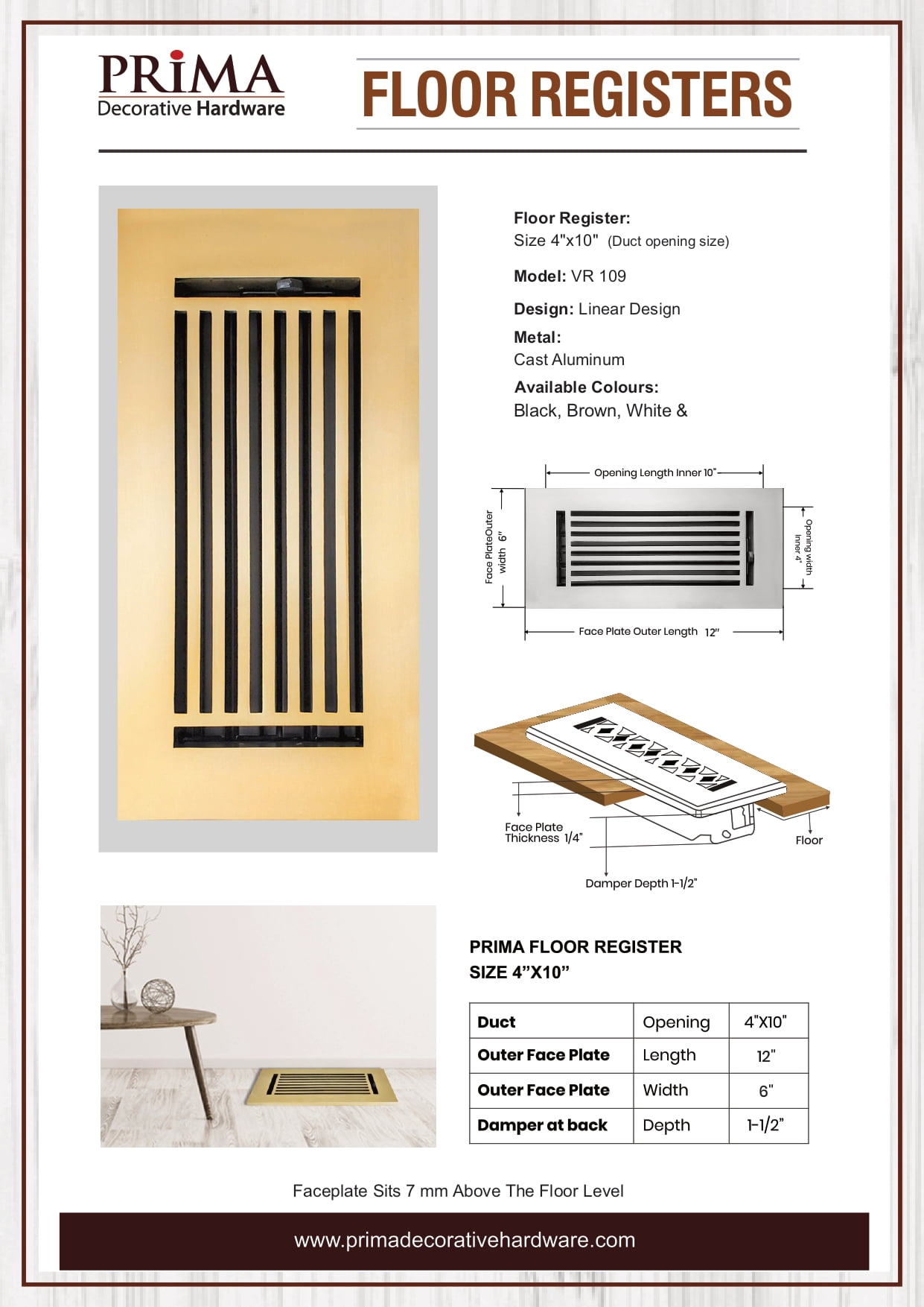 Prima Decorative Hardware, Return Air Grill, No-Holes, Handcrafted, 4"x10", Gold, Cast Aluminum