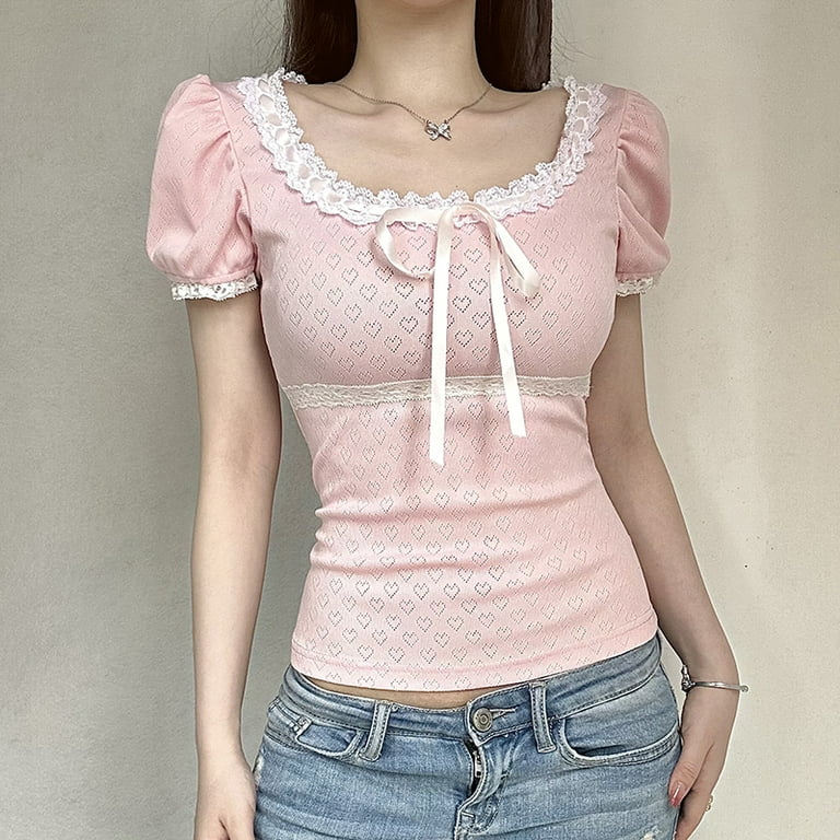 Korean Pink Cute Coquette Sweet Summer T-shirts Women Bow