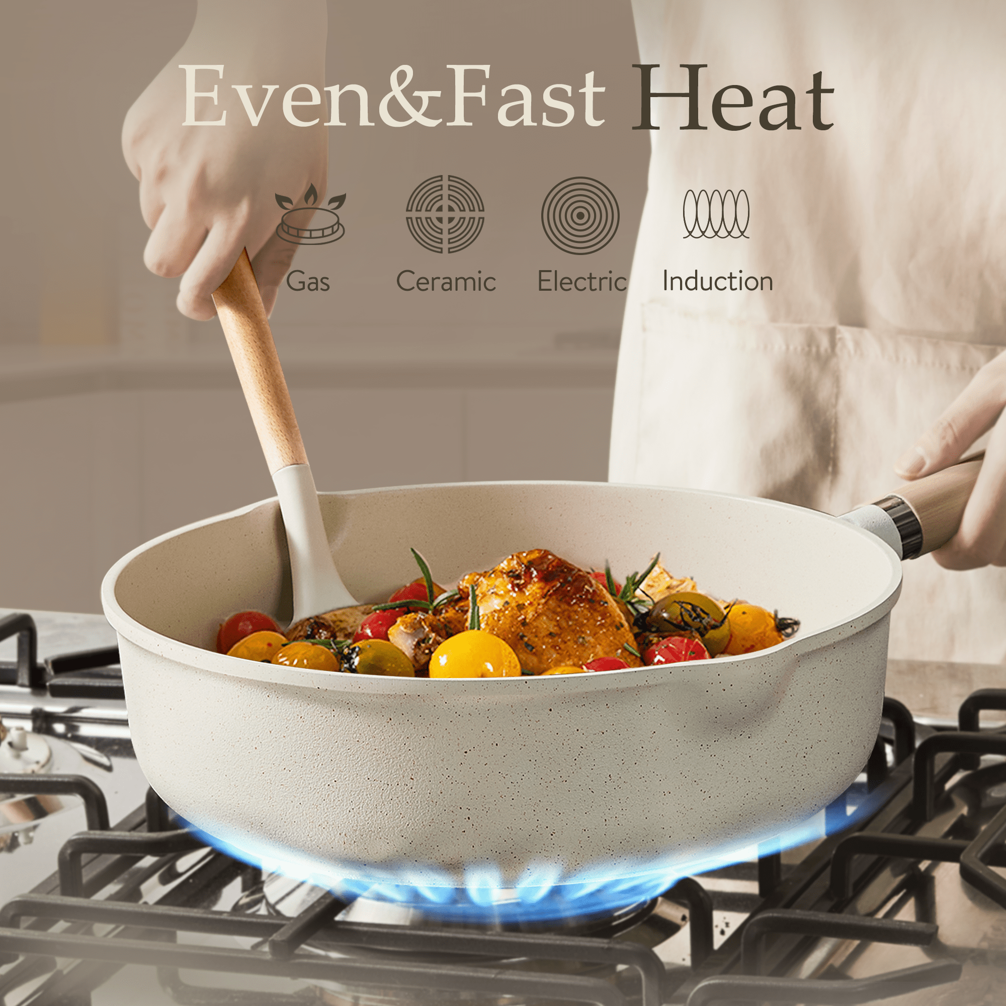 Carote 11" Nonstick Saute Pan With Lid Cover Non-Stick Deep Frypan With Induction, Bon Appetit, White Granite, 5QT