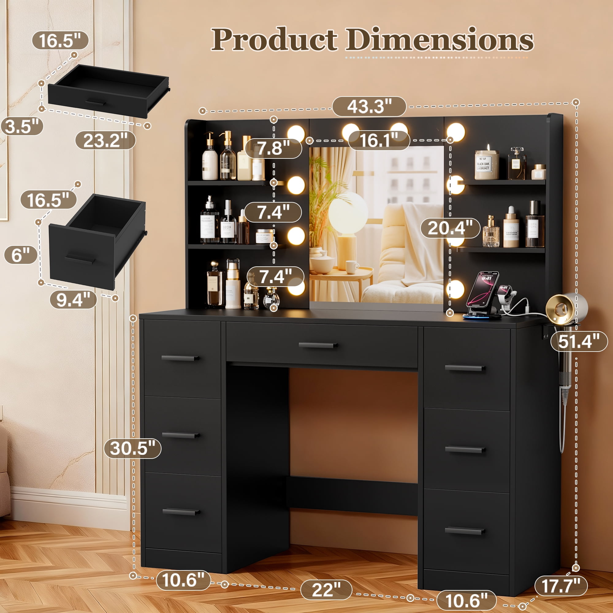 Vineego Vanity Desk with Adjustable Lighted Mirror, Vanity Table Set with Drawers & Storage Shelves, Makeup Vanity for Bedroom Dressing Room, Black