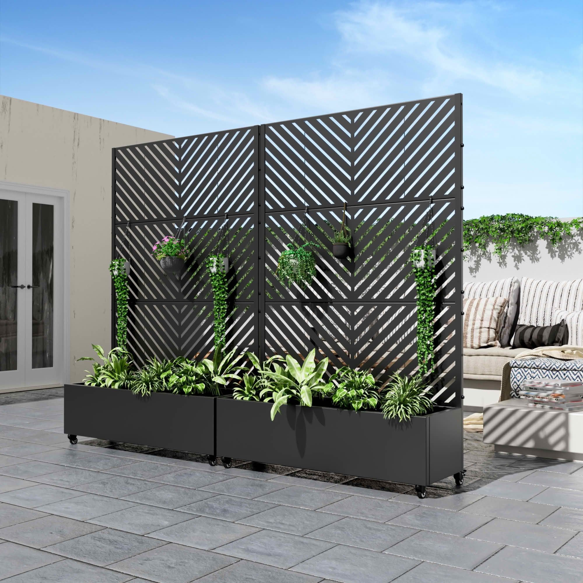 MAYEERTY 72x47x16 Inch Black Metal Rectangular Planter Box with Trellis, 3 Piece Set for Outdoor Garden & Patio