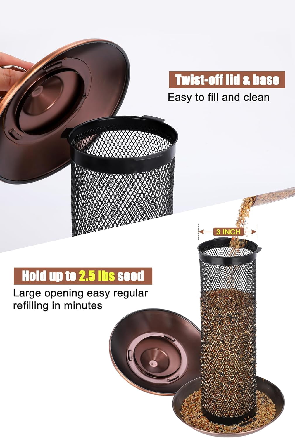 Finch Bird Feeders for Outdoors 2.5 LB Capacity Squirrel Proof Metal Mesh Tube Bird Feeders Thistle & Nyjer Seed Hanging Feeder, Copper, 1 Pack