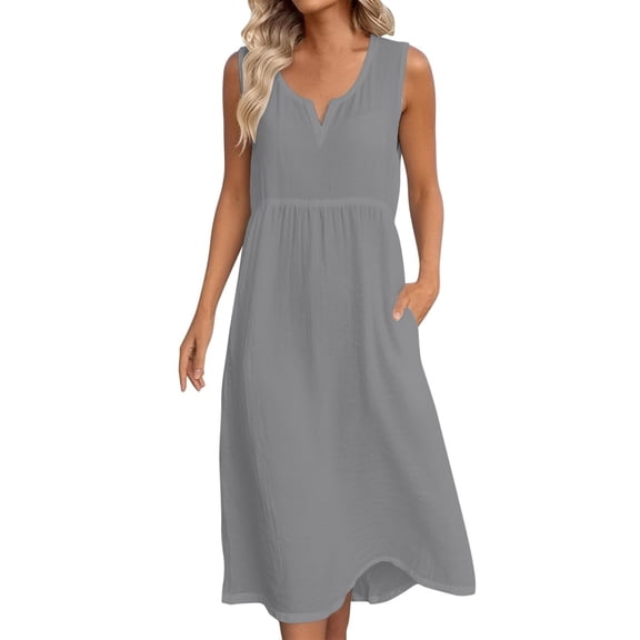 GUACER Women's Midi Dress Cotton Linen V Neck Sleeveless with Pockets Sundress Summer Casual Loose Dresses
