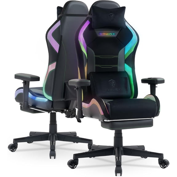 Dowinx Gaming Chair with RGB LED Lights, Ergonomic Game Chair with Footrest Massage Lumbar Support, Computer Gamer Chair for Adults Teens, Black Green