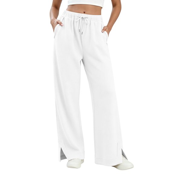 Wlynlyn Womens Baggy Sweatpants Casual Loose Drawstring Elastic Waisted Wide Leg Sweat Pants Lounge Trousers with Pockets(X-Large,White)