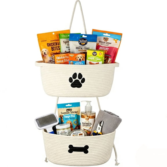 Brabtod 2-Pack Large Hanging Storage Baskets, Multi-Purpose Woven Dog Toy Organizers for Toys, Food & Leashes, Collapsible Cotton Rope - Beige