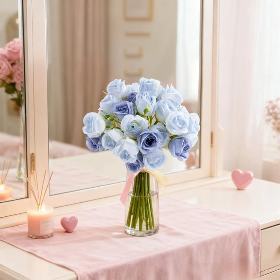 27-Head Crushed Blue Persian Rose Bouquet - Realistic Artificial Flower Bunch, DIY Decor for Valentine's Day, Weddings & Home Accents, Fake Roses with Natural-Looking Petals, 6.69*12.99in, Blue