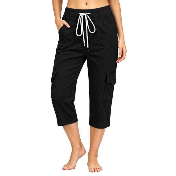 ZHYou Cargo Capri Pants for Women with 2 Flap Pockets Summer Casual Drawstring Straight Leg Pull On Baggy Fit Pants,Black,Size 2XL