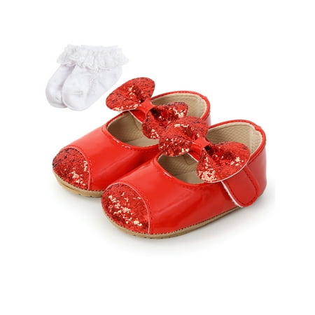 

Lacyhop Newborn Princess Shoes Bow Sandals Glitter Dress Sandal Casual Lightweight Loafers Comfortable Rubber Soft Sole First Walking Shoe Red With Sock 4C