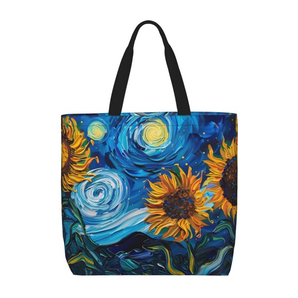 Sikiie Starry Night Sunflower Field Print Single Shoulder Bag, Large Capacity Zipper Handbag, Waterproof Shopping Bag, School and Work Shoulder Bag