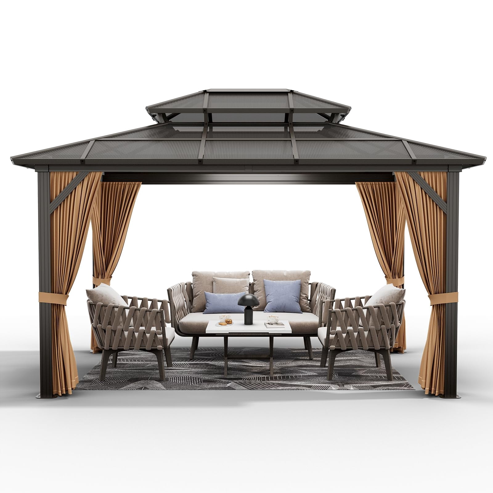 TROPOW Gazebos for Gardens,10x13ft Hardtop Gazebo,All Seasons Gazebos,Outdoor Polycarbonate Double Roof Canopy,Aluminum Frame Permanent Garden Tent with Curtains and Netting for Patio, Lawns,Khaki