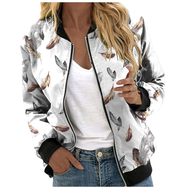 Gibobby Chaquetas diarias informales para mujer, chaqueta informal ligera con cremallera, abrigo con estampado Floral, cuello levantado, prendas de vestir deportivas , Tops (Blanco, L)