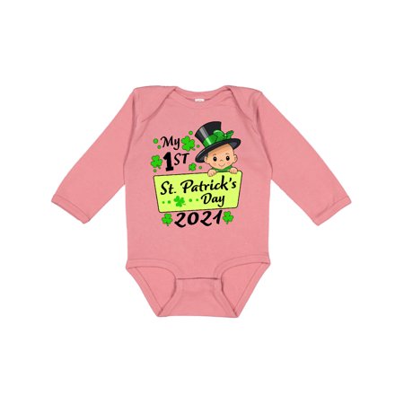 

Inktastic My First St. Patrick s Day- Baby in Top Hat with Bow Gift Baby Boy or Baby Girl Long Sleeve Bodysuit