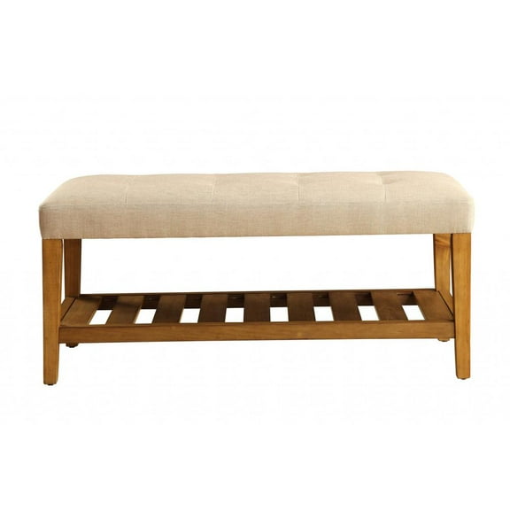 HomeRoots  40" Beige and Brown Upholstered Polyester Bench with Shelves