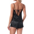 thumbnail image 3 of INSPIRE CHIC Womens Satin Loungewear Lace Silky Bow Spaghetti Strap V Neck Top with Split Shorts Pajama Set L Black, 3 of 6
