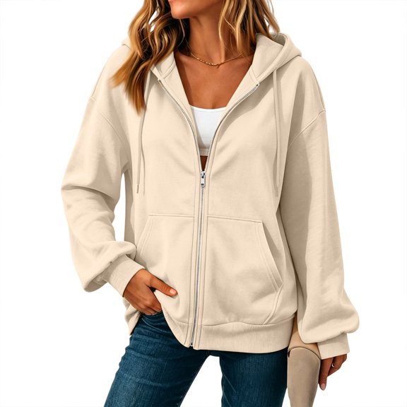 2026 Zip Up Hoodies for Women Fall Winter Casual Sweatshirts Zipper Oversized Lightweight Cute Jackets with Pockets Khaki XL