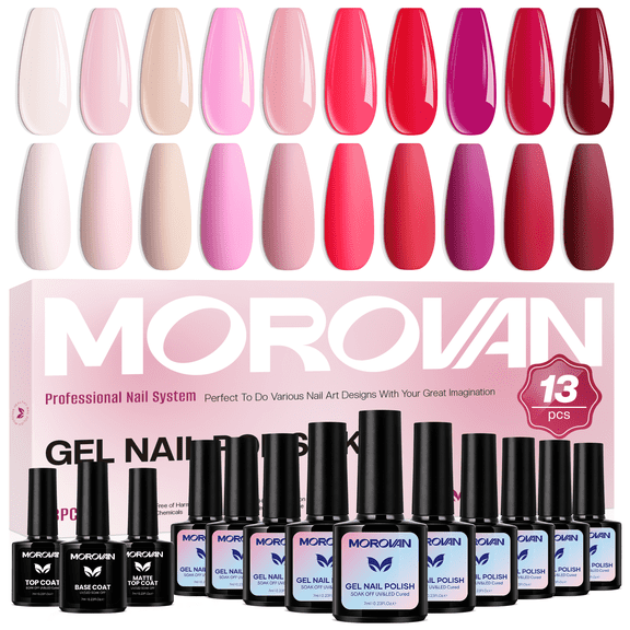 Morovan 10-Color Light Pink Sheer Gel Nail Polish Set with Base Coat, Top Coat & Matte Top Coat, Soak Off LED Polish DIY at Home Salon Gifts for Women Girls