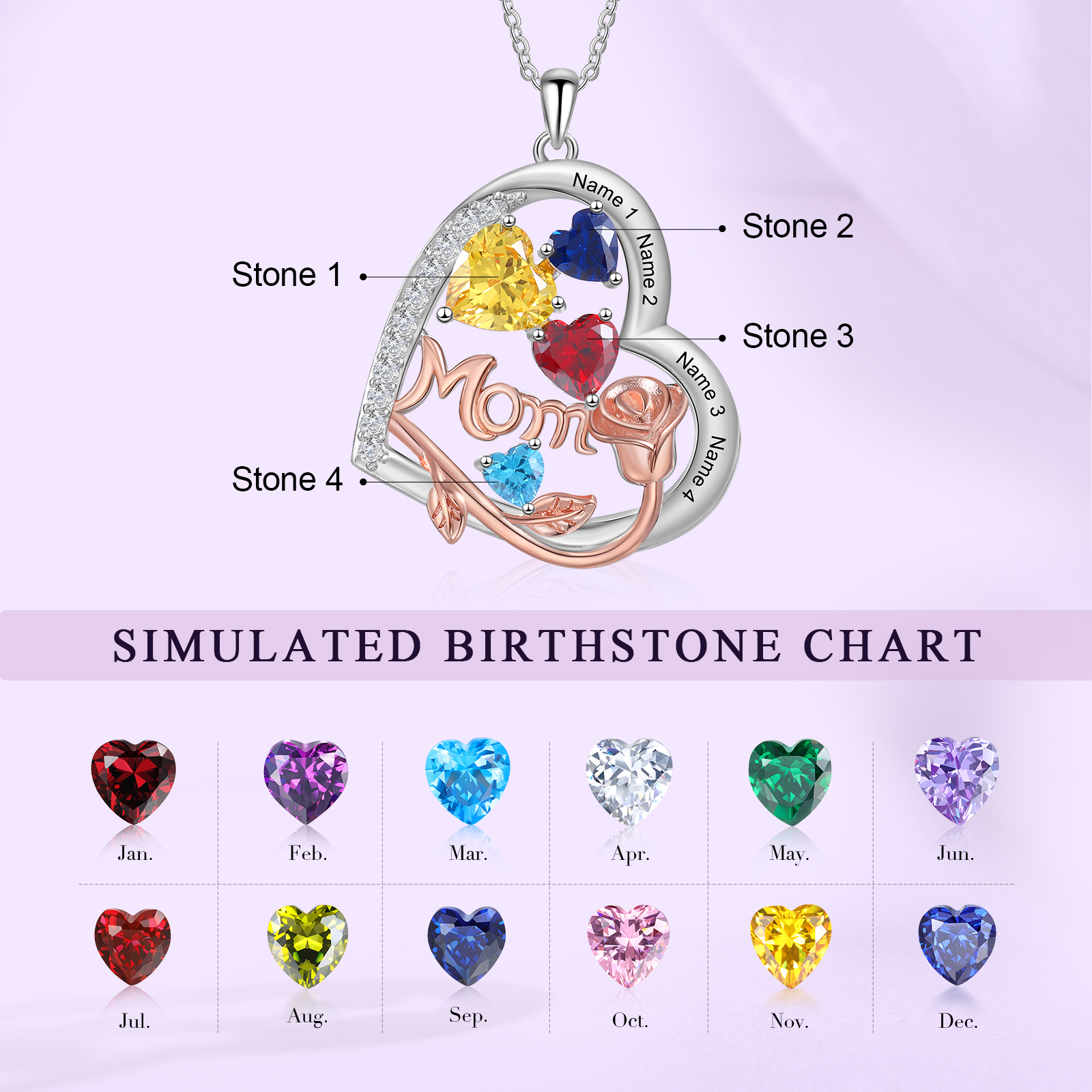 Mementos Customized Brass Heart Family Women's (Mother's) Necklace with 4 Birthstones and Names