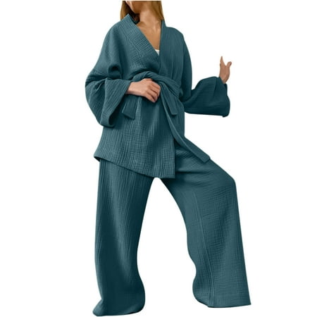 

Women Casual Pajamas Two-piece Outfits Long Sleeve Belted Robe Wide Leg Loungewear Pajama Set Solid Color Loose Sleepwear