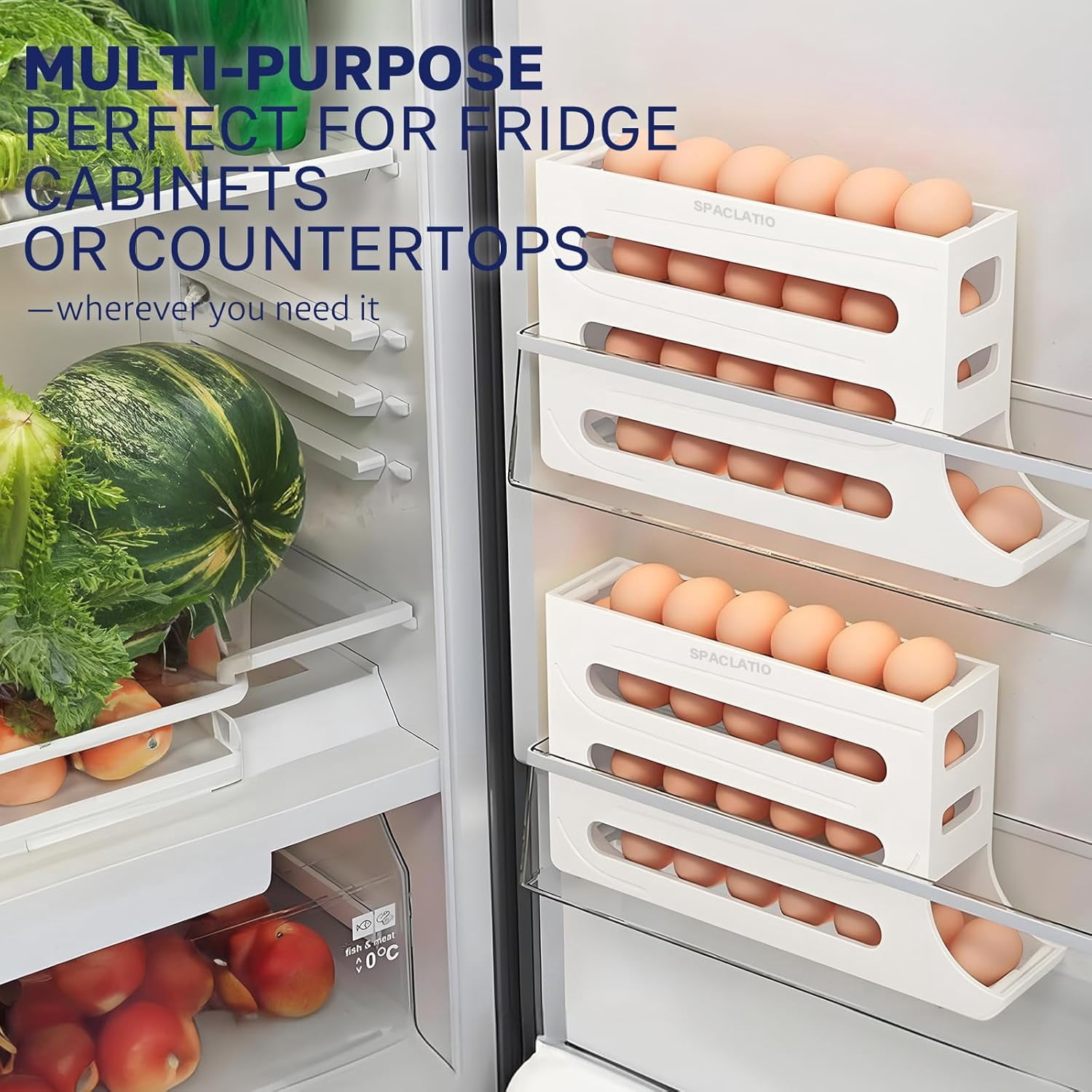 CAILDANL 4 Tiers Egg Holder for Fridge with 30 Egg Capacity - 2 Pack Auto Rolling Egg Storage Organizer for Refrigerator, Space Saving Egg Tray in Kitchen (Clear)